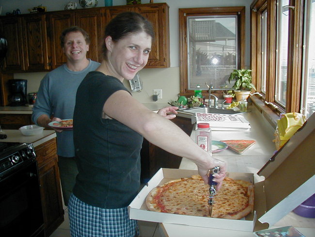 Kevin and Jill got pizzas after Cote took a nap to recover from the long flight.